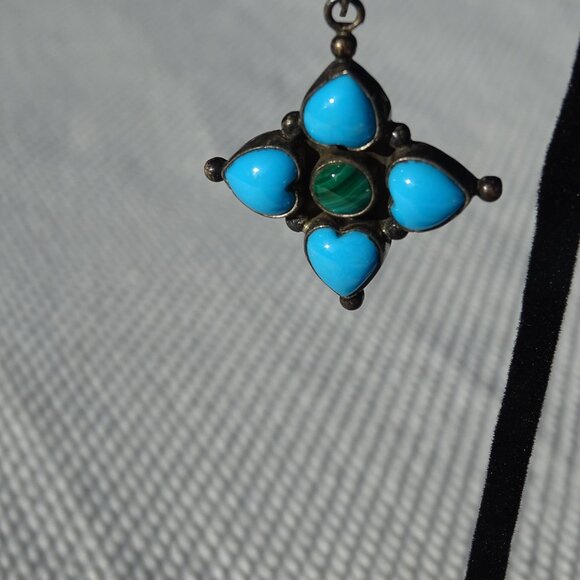 Sterling Silver Turquoise and Malachite Pierced Earrings - Picture 3 of 7